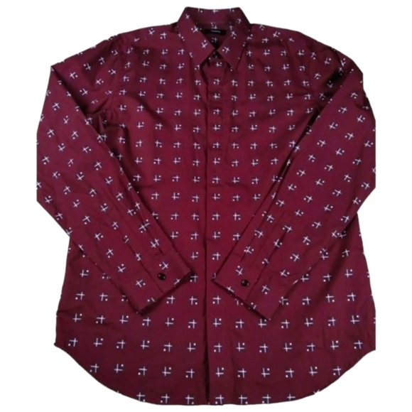 THEORY Lev Cross Box Button Down Shirt Burgundy Abstract Print Cotton Men Medium - Picture 1 of 13